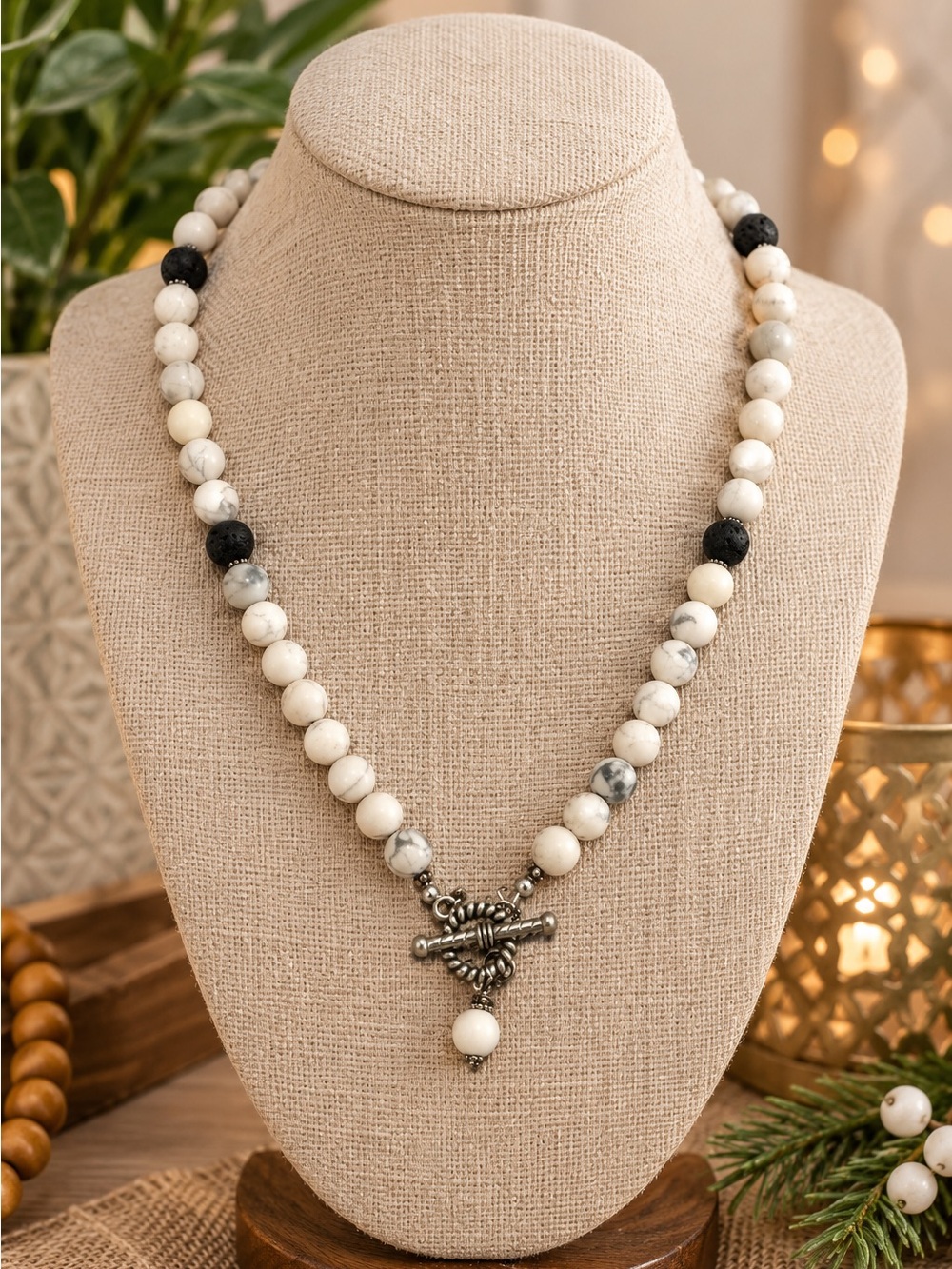White Howlite Turquoise and Black Lava Stone Beaded Necklace & Bracelet Set Boho